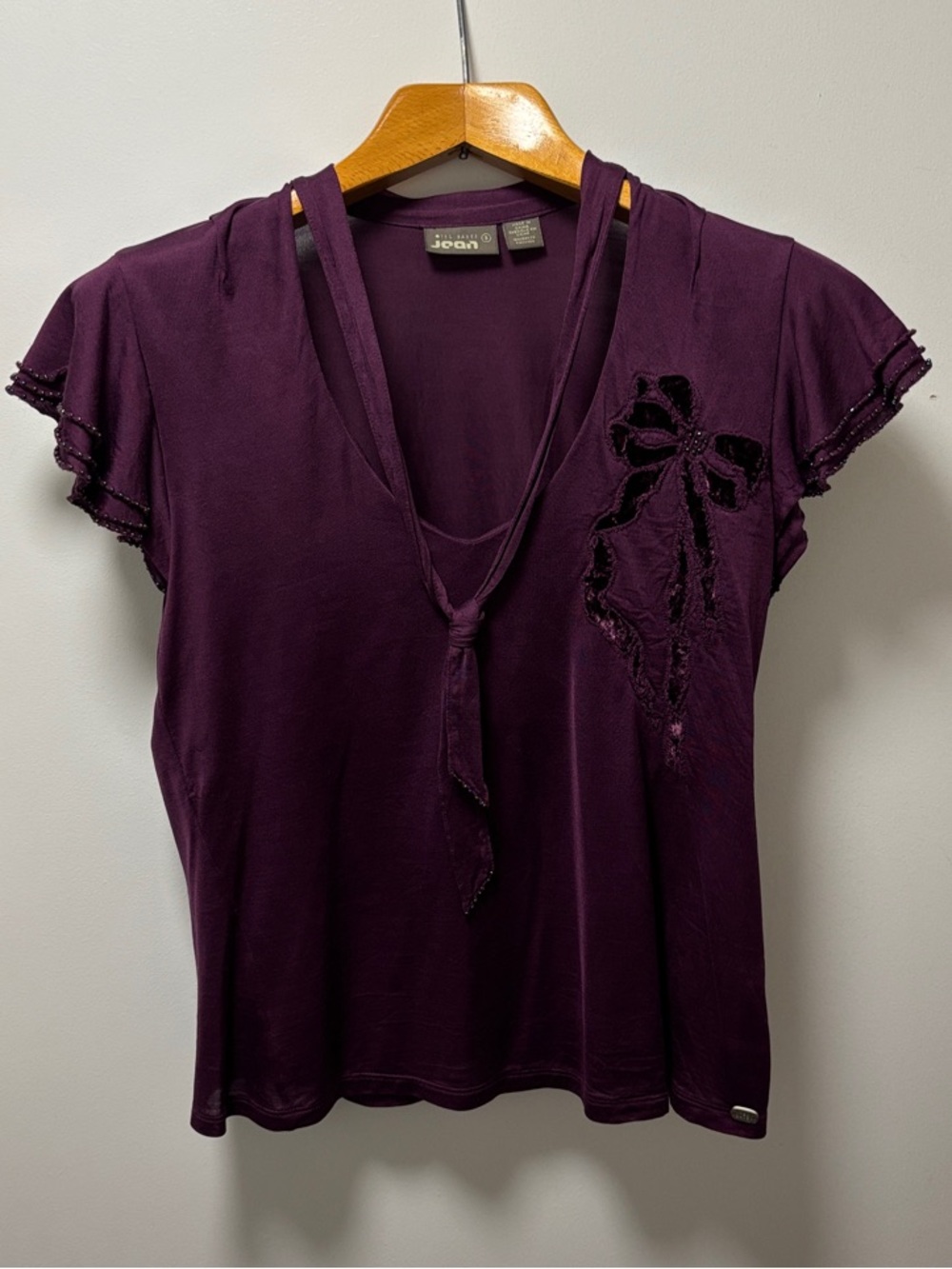 Ted Baker 100% Silk Jersey Purple Tie-Neck Flutter Sleeve Top with Bow Accent